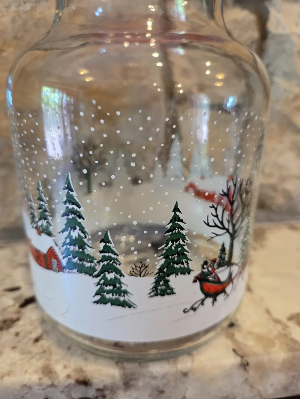 Vtg KIG Christmas Juice Carafe Pitcher Winter Wonderland Sleigh Cabin Red Lid